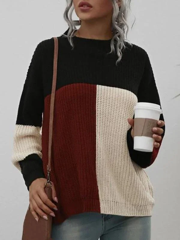 Loose Mock Neck Colorblock Sweater for Women