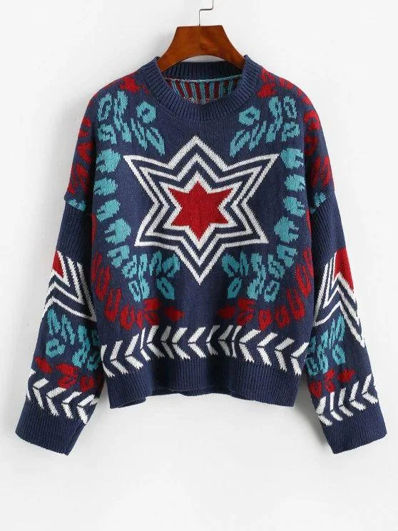 Loose Star Graphic Crew Neck Sweater for Women