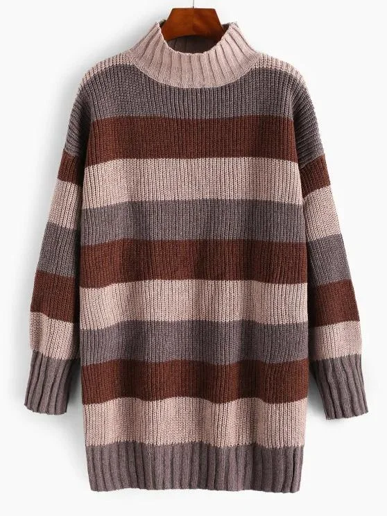 Mock Neck Colorblock Stripes Oversized Sweater for Women