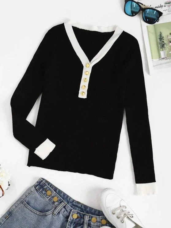 Ribbed Button Placket Bicolor Sweater for Women