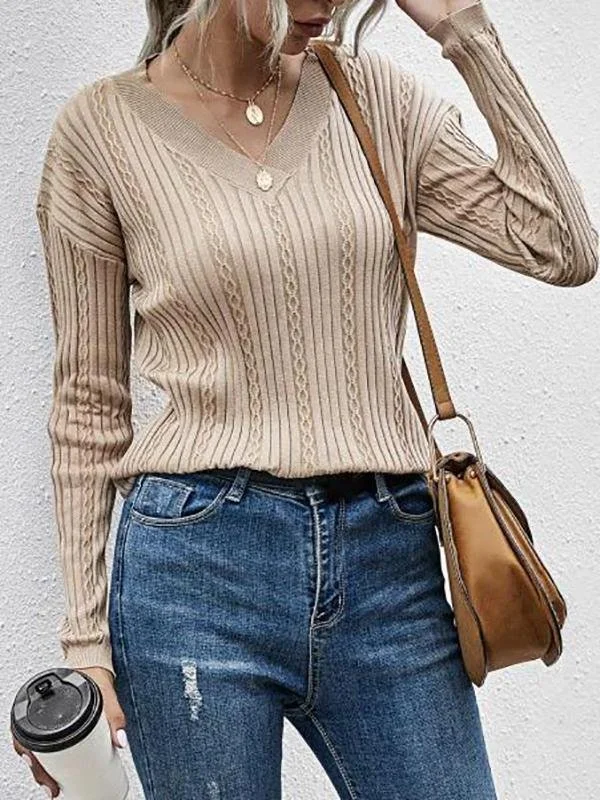 Ribbed V Neck Drop Shoulder Plain Sweater for Women