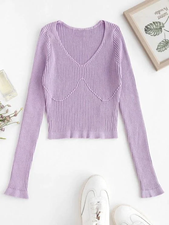 Ribbed V Neck Slim Knitwear for Women