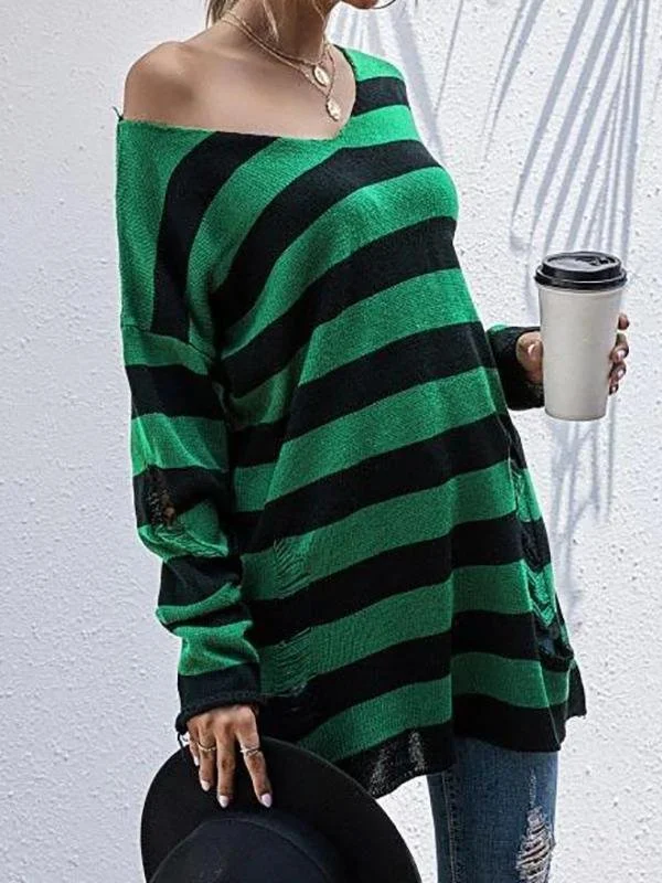 Ripped Skew Neck Colorblock Stripe Sweater for Women