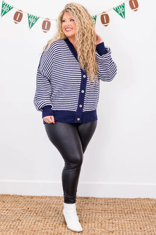 Snuggly Stripe Button-Up Sweater, Navy-Ivory