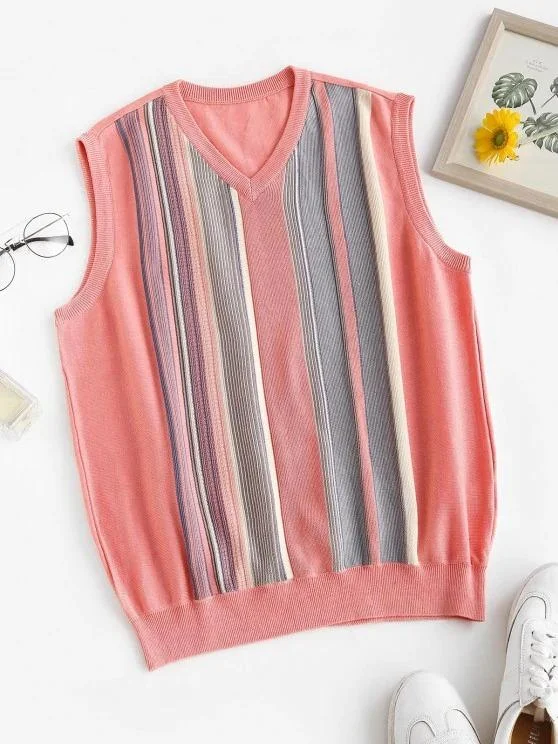 Striped V Neck Knit Sweater Vest for Women