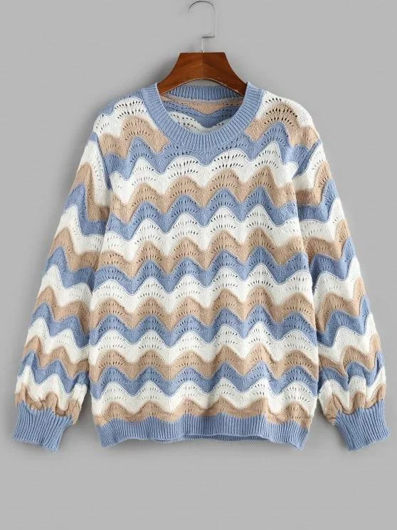 Wave Striped Pointelle Knit Drop Shoulder Sweater for Women