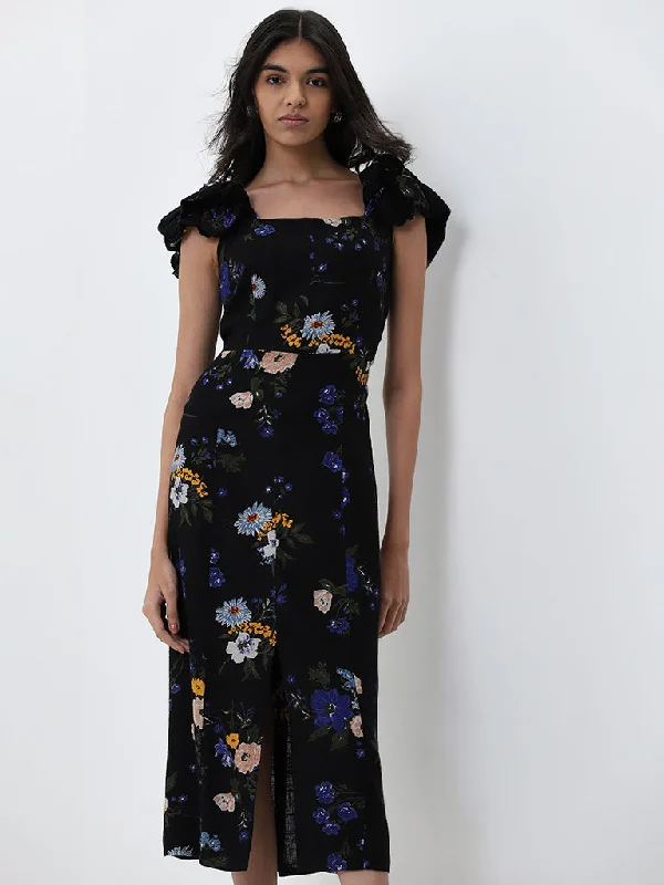 LOV Black Floral Patterned A-Line Dress