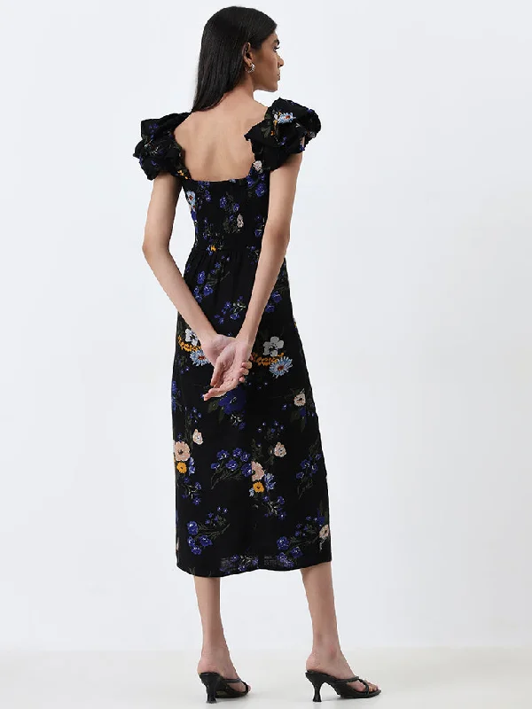 LOV Black Floral Patterned A-Line Dress