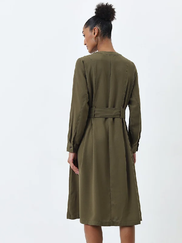 Wardrobe Olive A-Line Dress with Belt