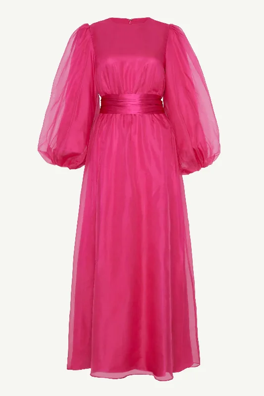 Silk Organza Balloon Sleeve A-Line Maxi Dress - Pink