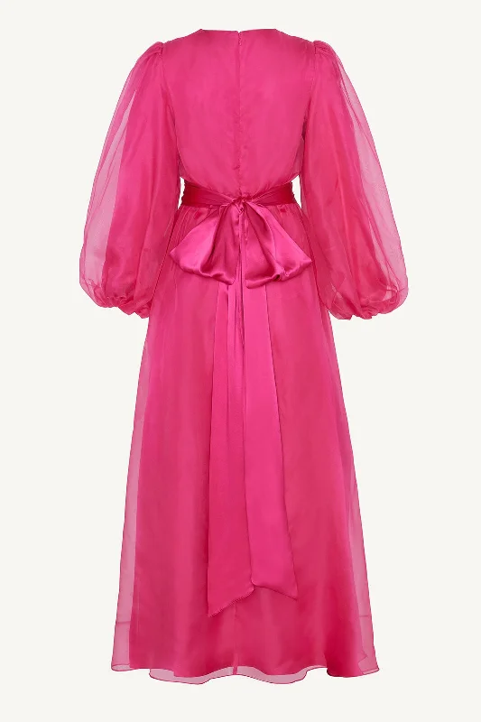 Silk Organza Balloon Sleeve A-Line Maxi Dress - Pink