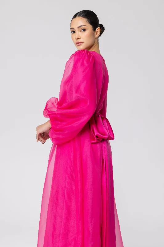 Silk Organza Balloon Sleeve A-Line Maxi Dress - Pink