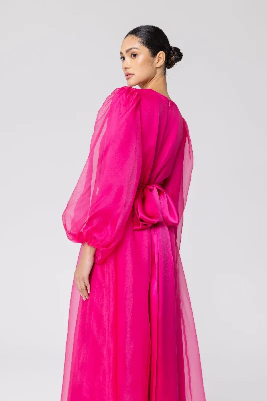 Silk Organza Balloon Sleeve A-Line Maxi Dress - Pink