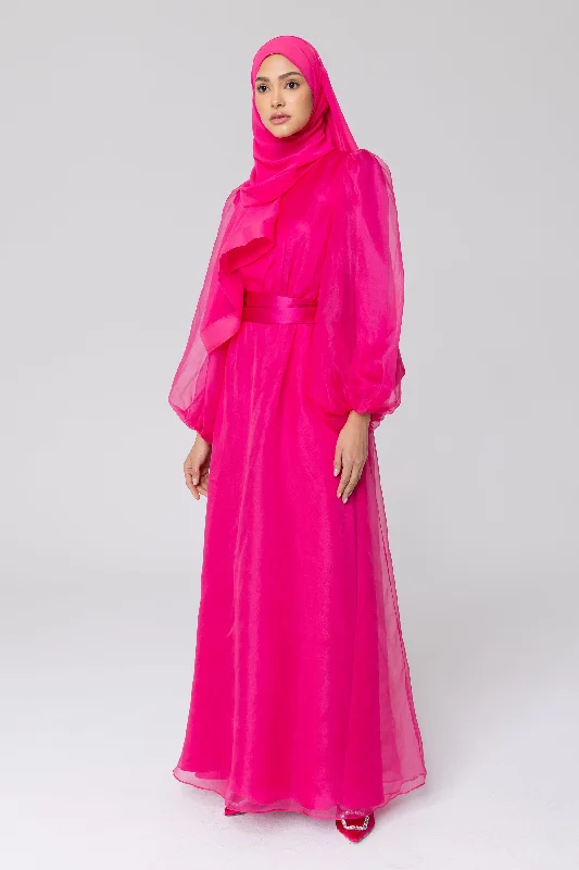 Silk Organza Balloon Sleeve A-Line Maxi Dress - Pink