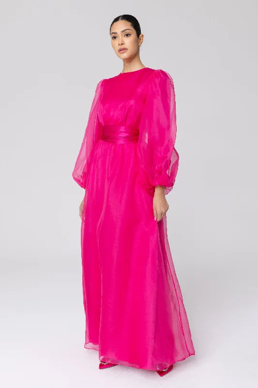 Silk Organza Balloon Sleeve A-Line Maxi Dress - Pink