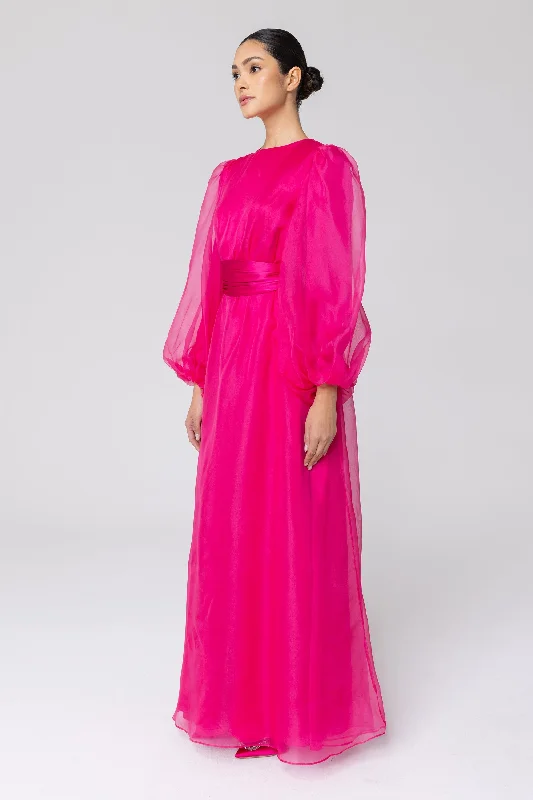 Silk Organza Balloon Sleeve A-Line Maxi Dress - Pink