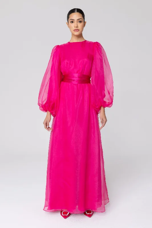 Silk Organza Balloon Sleeve A-Line Maxi Dress - Pink