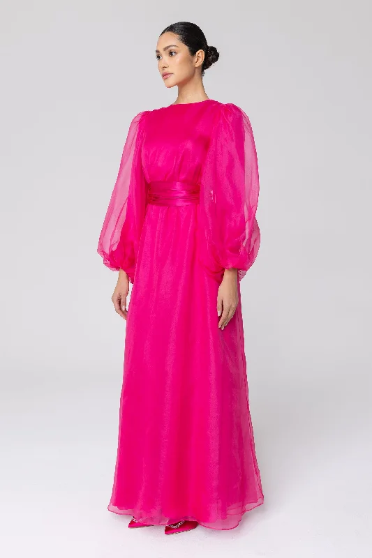 Silk Organza Balloon Sleeve A-Line Maxi Dress - Pink