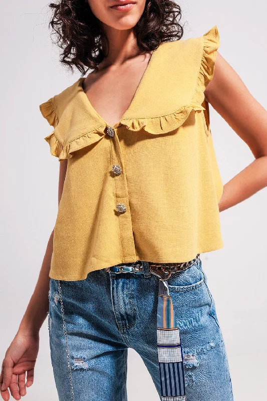 Hot Girl Rhinestone Button With Bib Collar Short Sleeve Crop Top In Yellow