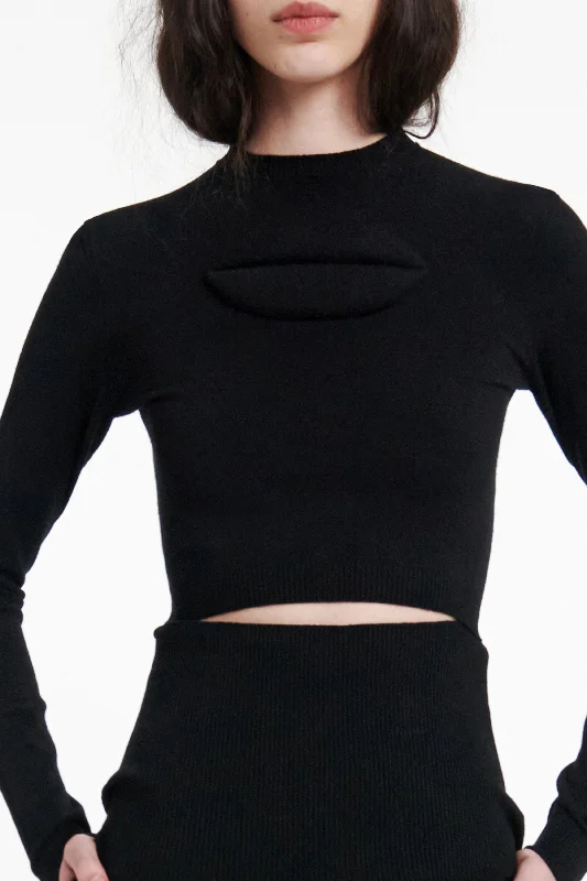 Knit Top Front Waist Line Cutout Lip Appliqué Black