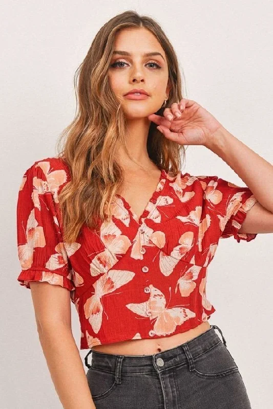 Hot Girl Butterfly Effect Buttoned Smocked Waist Short Sleeve Top In Red