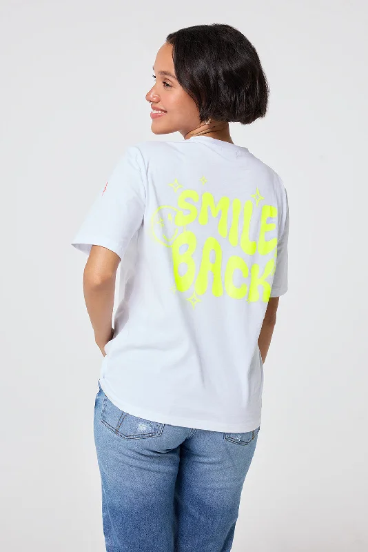 White with Neon Yellow Smile Back Slogan T-Shirt