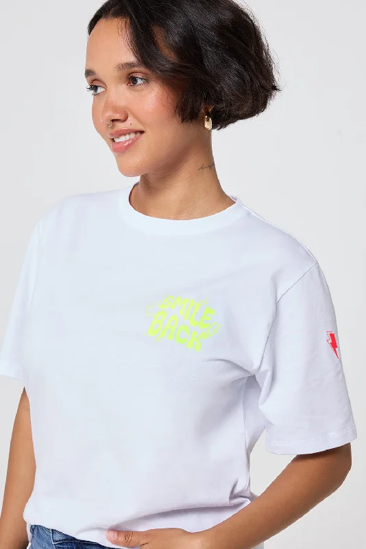 White with Neon Yellow Smile Back Slogan T-Shirt