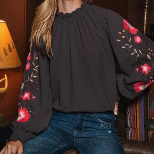 Women's Embroidered Floral Long Sleeve Textured Blouse in Black (Available in Plus Sizes)