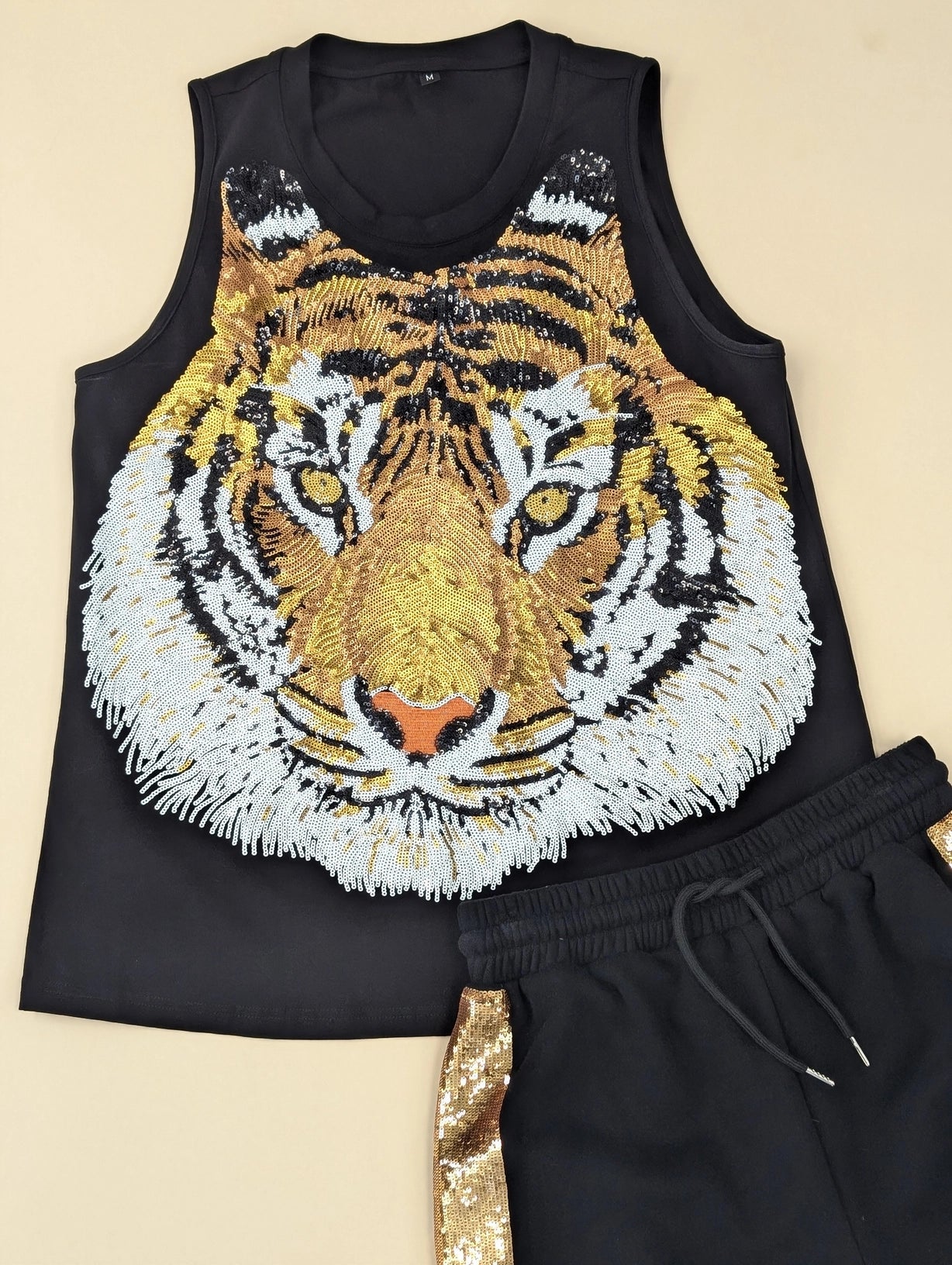 Women's Tank Top Black Sequin Tiger Face