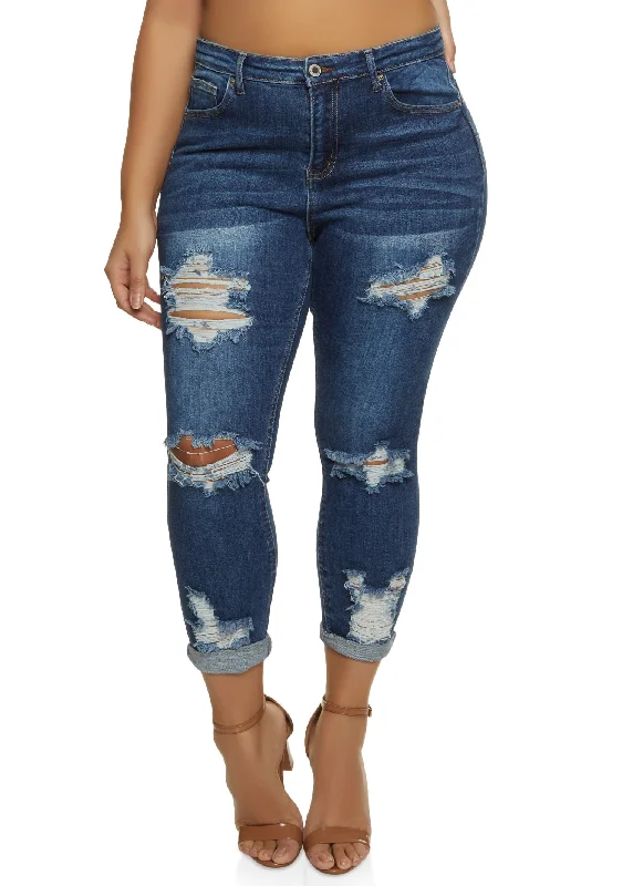 Plus Size WAX Distressed Rolled Cuff Jeans