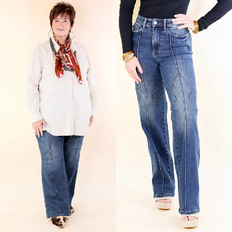 Judy Blue | Western Wanderer High Waisted Straight Leg Jean with Western Seam Detail in Dark Wash