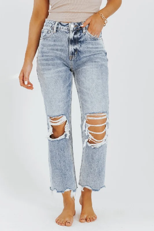 Light Wash Distressed Blue Melody Vintage Crop Straight Jeans