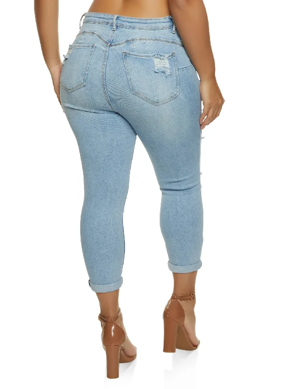 Plus Size WAX Distressed Rolled Cuff Jeans