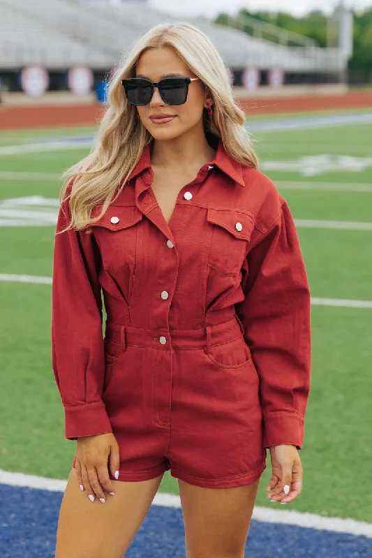 Red Long Sleeve Denim Romper