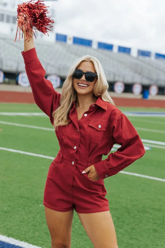 Red Long Sleeve Denim Romper