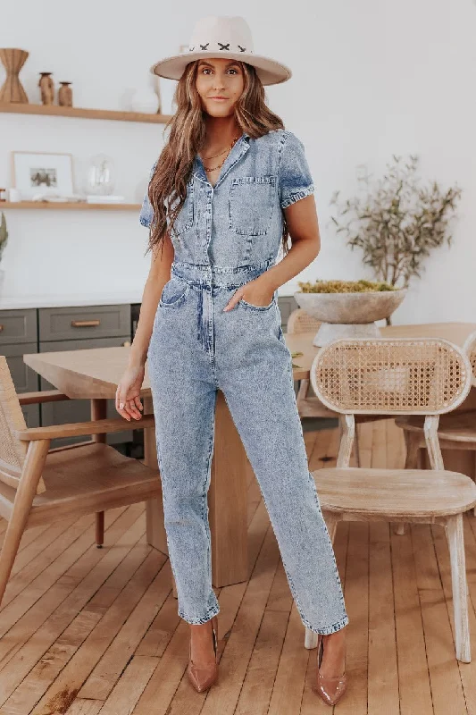 Short Sleeve Medium Wash Jean Jumpsuit