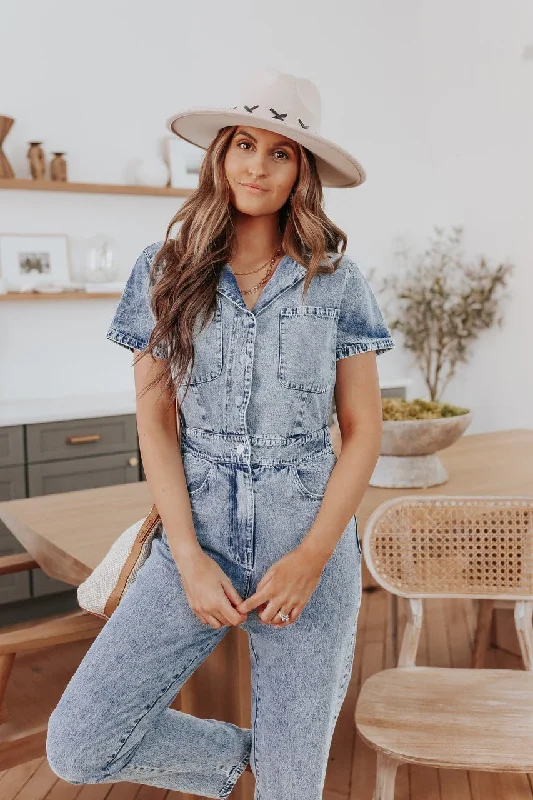 Short Sleeve Medium Wash Jean Jumpsuit