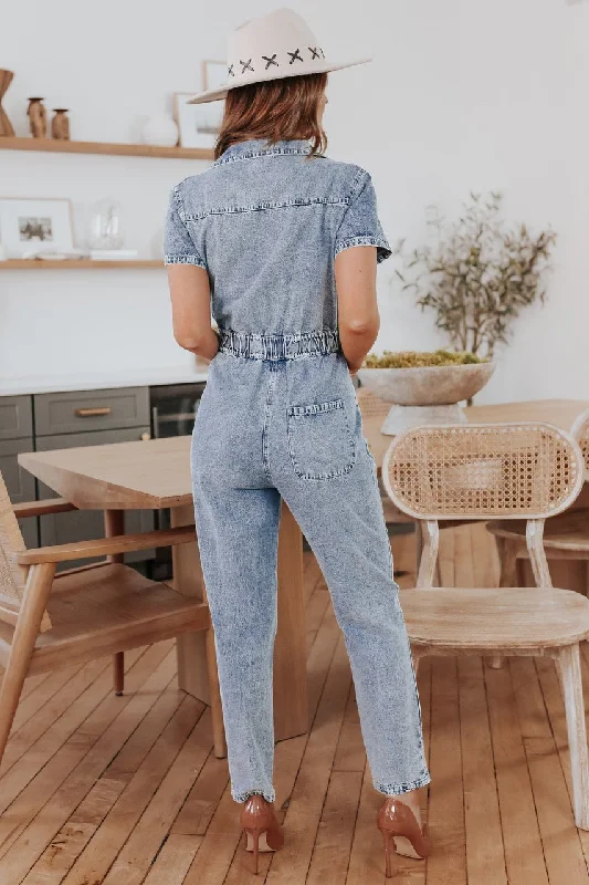 Short Sleeve Medium Wash Jean Jumpsuit