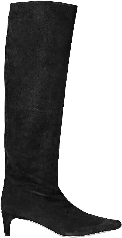 STAUD Women's Black Suede Leather Wally Knee High Tall Low Heel Boots