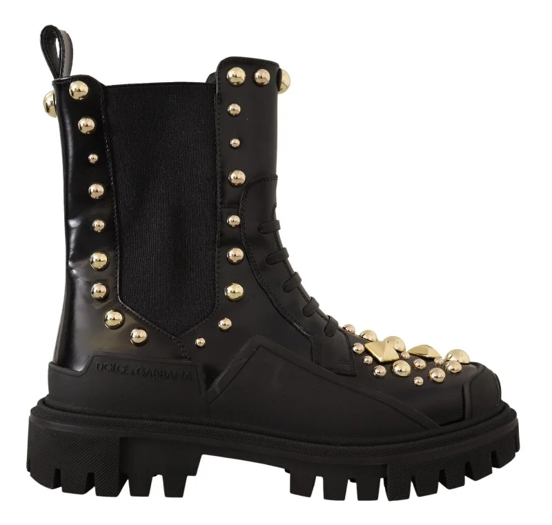 Dolce & Gabbana Studded Leather Combat Boots with Women's Embroidery