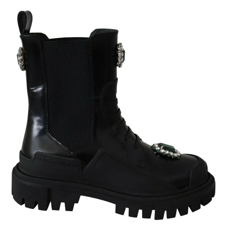 Dolce & Gabbana Elegant Black Leather Combat Boots with Crystal Women's Detail