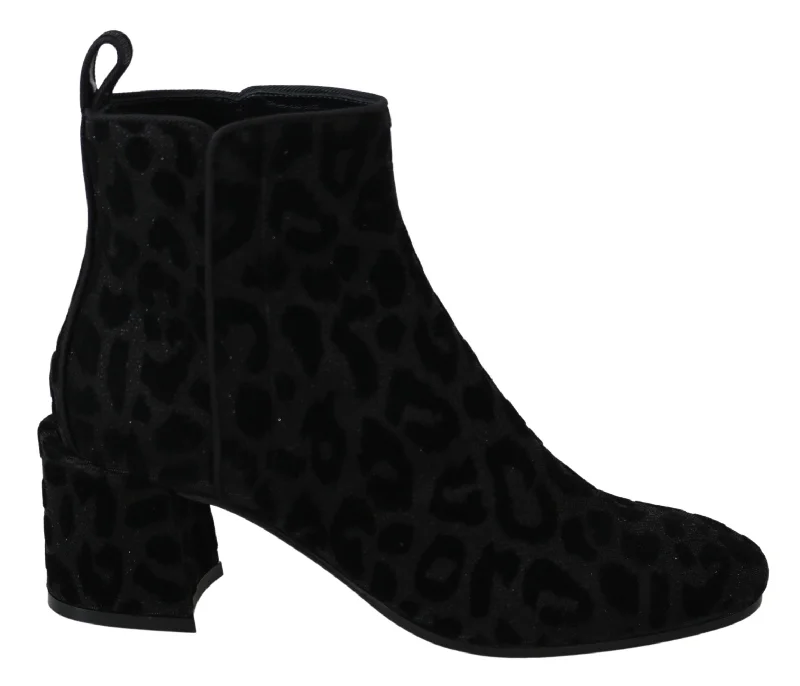 Dolce & Gabbana Black Leopard Short Boots Zipper Women's Shoes