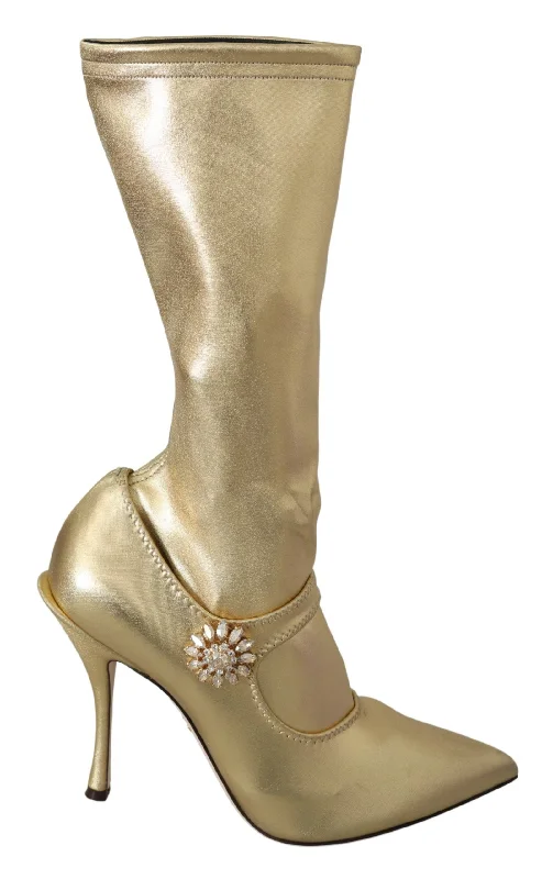 Dolce & Gabbana Elegant Gold Ankle Boots Socks with Women's Rhinestones