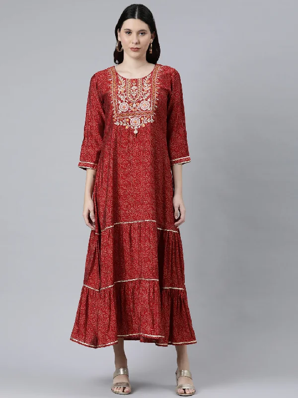 Neeru's Maroon Cotton Ethnic Motifs Embroidered Ethnic A-Line Maxi Dress