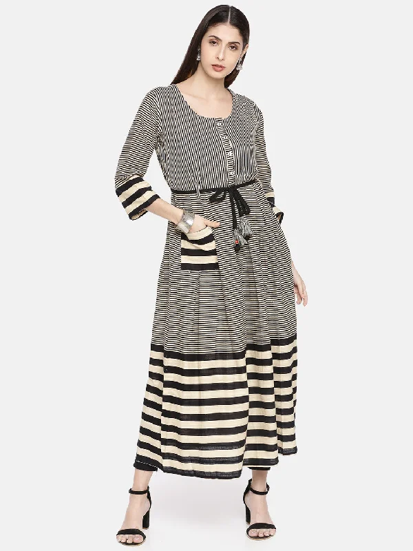 Neeru's Women Beige Black Striped A-Line Kurta