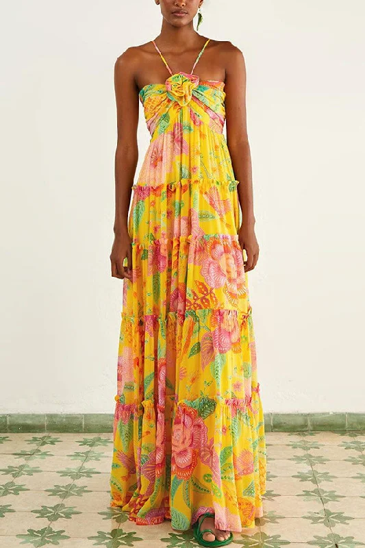 Blossom Feelings Printed Flower Design Halter A-line Maxi Dress