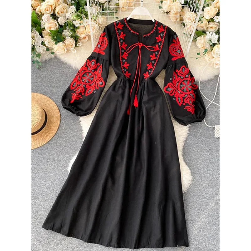 Bohemian Navy O-Neck Lacing Embroidered Flower Lantern Sleeve A-line Dress AR1011