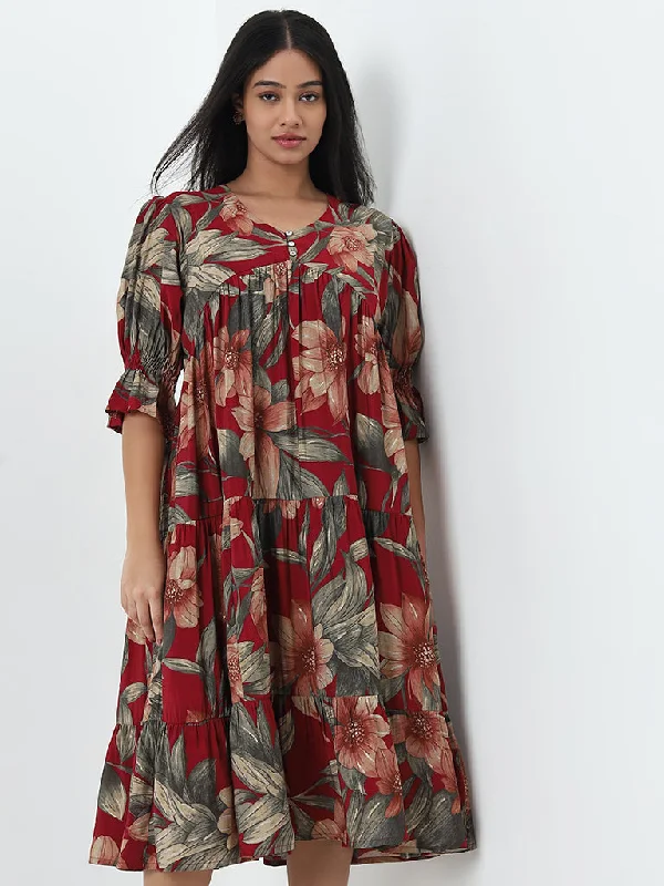 Diza Red Floral Design A-Line Dress