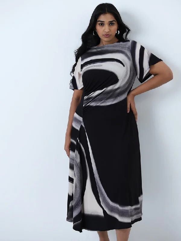 Gia Black Swirl Printed A-Line Dress