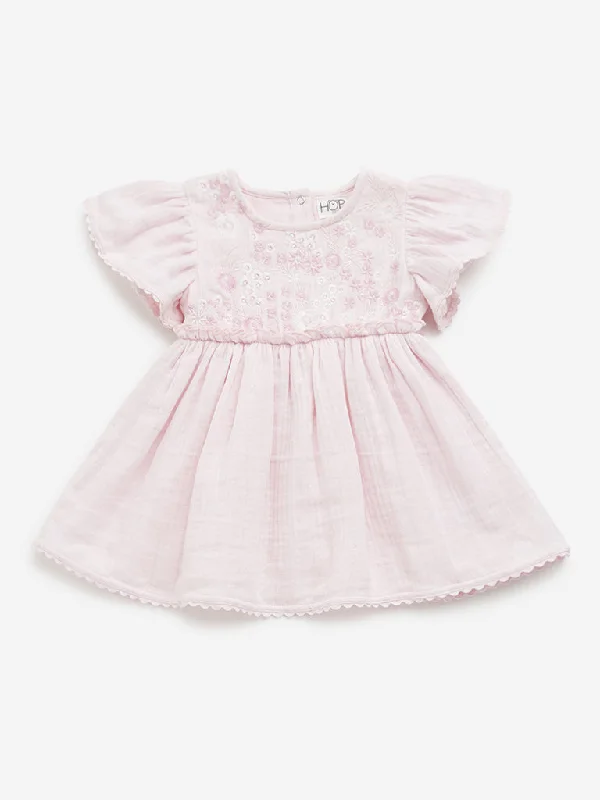 HOP Baby Pink Floral Embroidered A-Line Cotton Dress